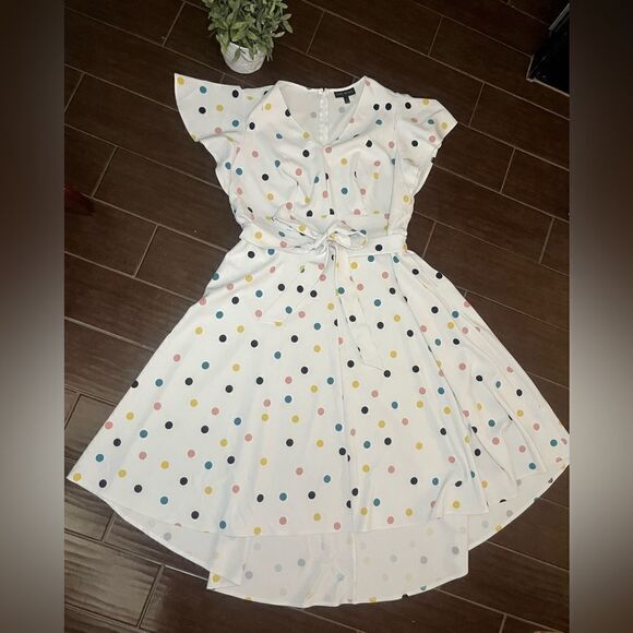Lane Bryant Off white colorful polka dots high low belted dress sz 20 - Picture 2 of 14